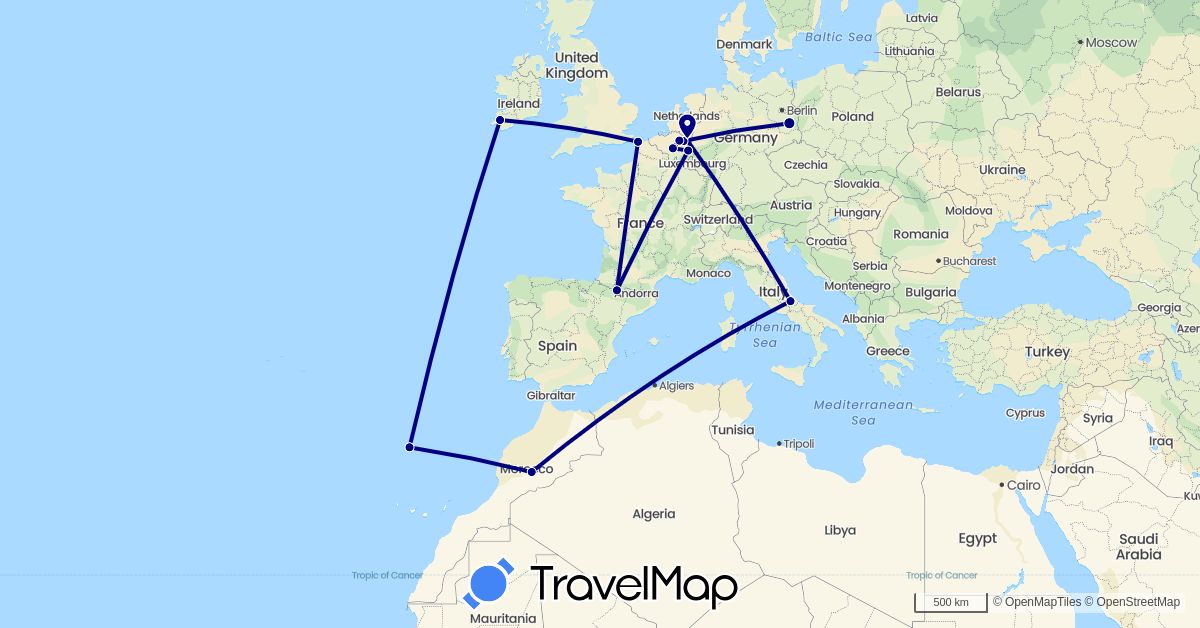 TravelMap itinerary: driving in Belgium, Germany, France, Ireland, Italy, Morocco, Portugal (Africa, Europe)