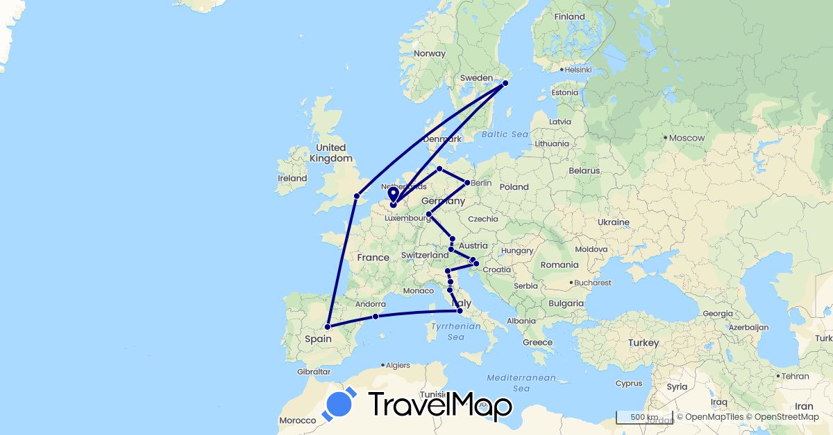 TravelMap itinerary: driving in Austria, Belgium, Germany, Spain, United Kingdom, Italy, Sweden, Slovenia (Europe)