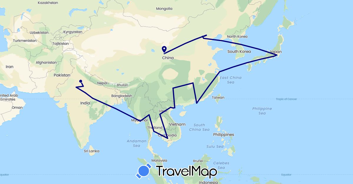 TravelMap itinerary: driving in China, Hong Kong, India, Japan, Cambodia, Laos, Myanmar (Burma), Thailand, Vietnam (Asia)